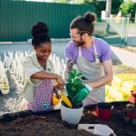 Smiling diverse gardeners wearing apron transplanting pot plants while working in a greenhouse. Multiracial professional florist taking care of the flowers and working in a plant nursery. Copy space.