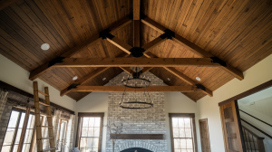 living room with a wood ceiling made of pine planks. 