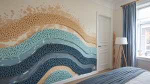 a bedroom with a sponge accent wall.