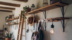  room with floating wooden shelves and hooks along the wall.